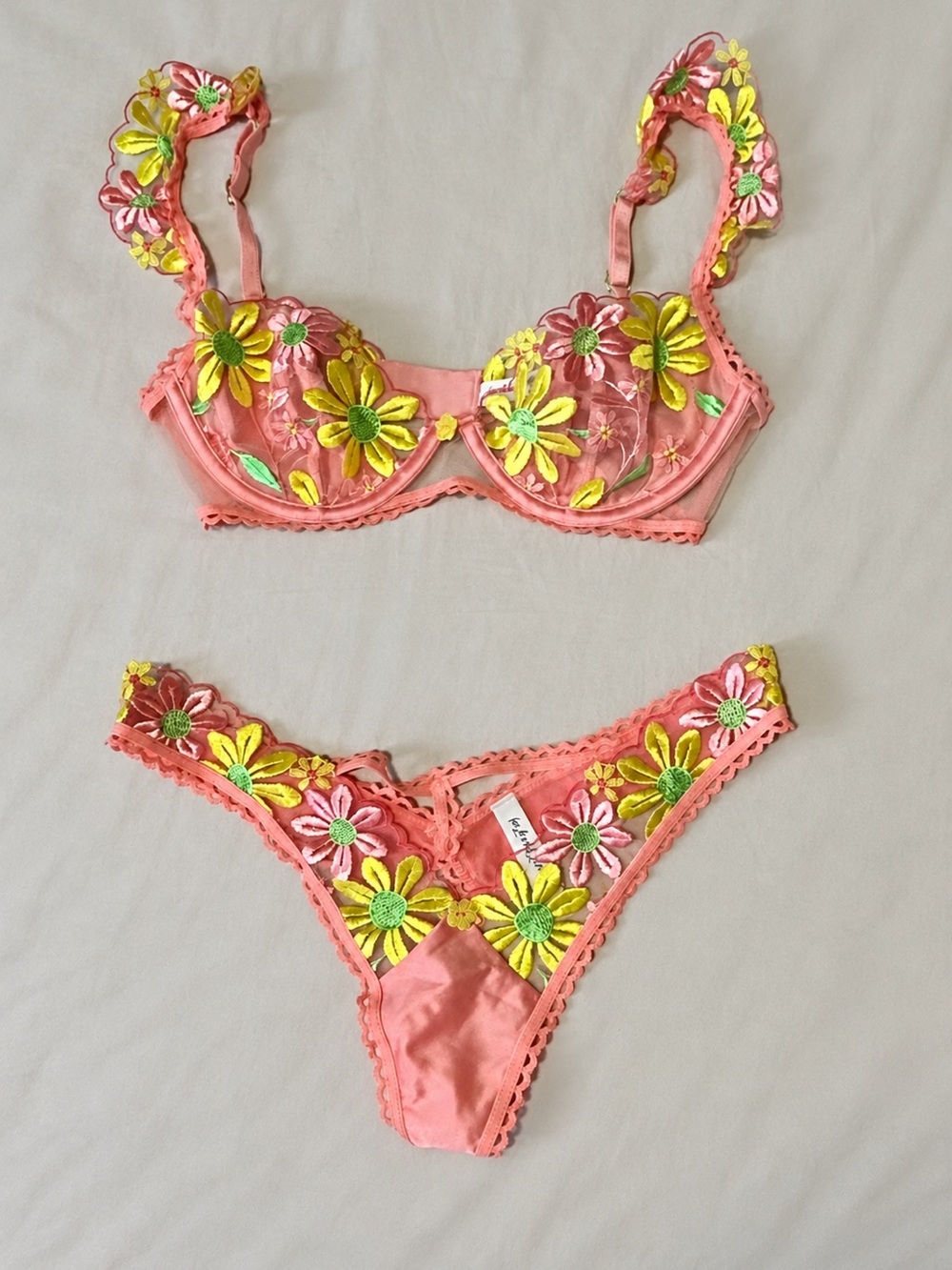 For Love & Lemons Embroidered Daisy Jane Lace Bra & Thong Lingerie Set